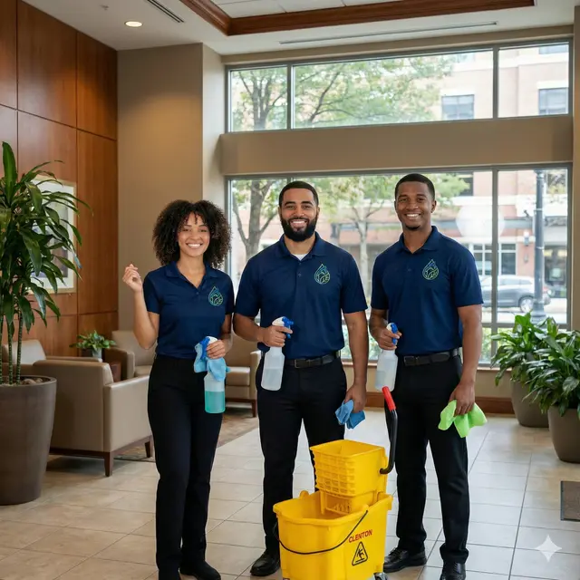 Professional cleaning team with supplies
